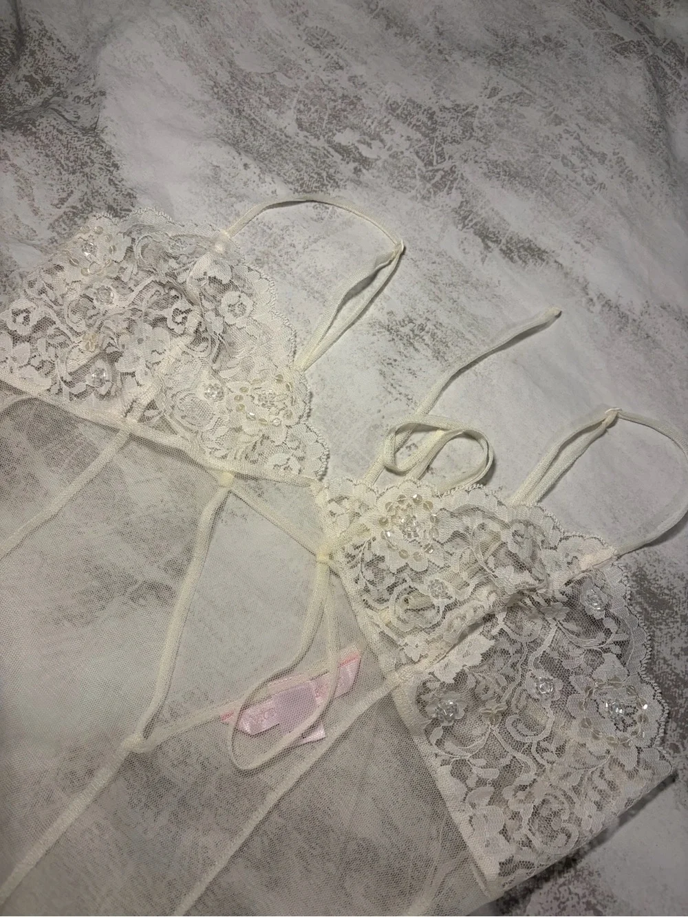 Victoria’s Secret Sheer Lace Babydoll Chemise Ivory Mesh Lingerie Y2K